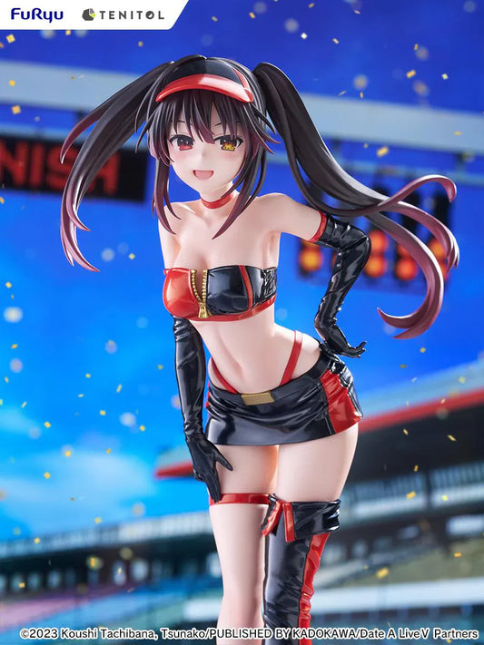 Date A Live V Tenitol Tall Kurumi Tokisaki Race Queen Ver. Figure featuring Kurumi with twin-tail hair, black-and-red race queen outfit, visor, gloves, and thigh-high boot styling.