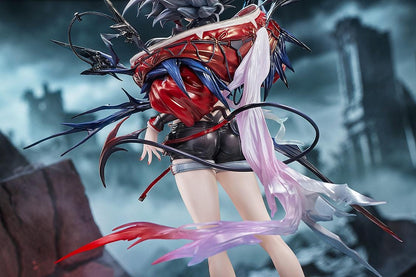 Arknights Wiš'adel 1/7 scale figure with silver-gray hair, red horns, a red-and-black outfit, angular weapon details, and a circular base.