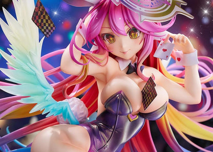 No Game No Life Jibril Bunny Ver. 1/6 Scale Figure featuring a pink-haired anime girl with flowing multicolored strands, golden eyes, purple bunny ears, a glossy purple bunny suit, thigh-high stockings, feathered wings, and a halo floating above a checkered display base.