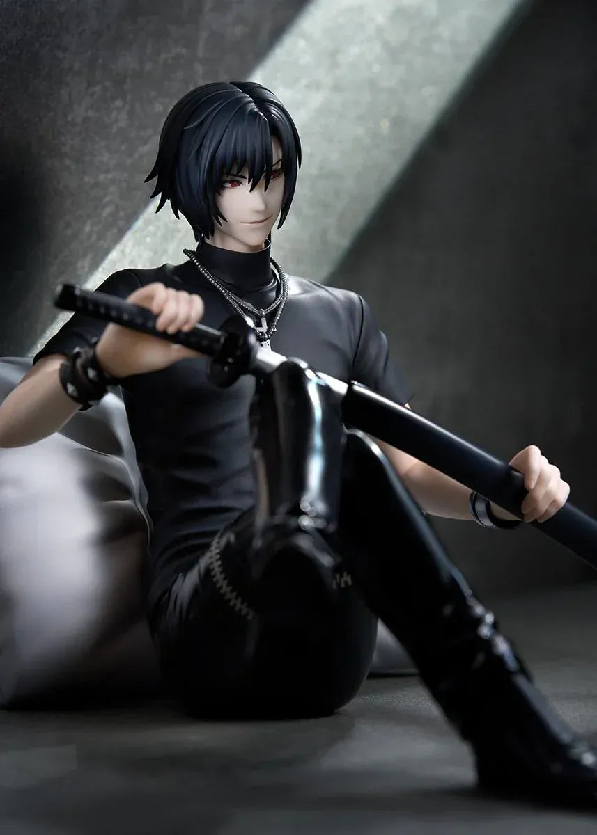 Shiki 1/7 scale figure from Togainu no Chi sitting with sword wearing black outfit on cushion base