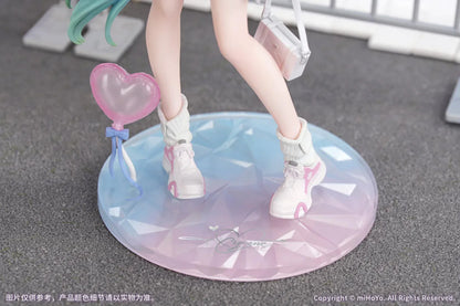 Honkai Star Rail Gift+ Cyrene Wonderful Holiday Ver. 1/8 Scale Figure featuring Cyrene with pink hair, pastel outfit, jacket, handbag, heart accent, and display base.