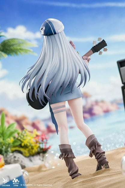 Girls' Frontline Klukai 10th Anniversary 1/6 scale figure with pale blue hair, a beret, brown jacket, blue skirt, and black bass guitar.