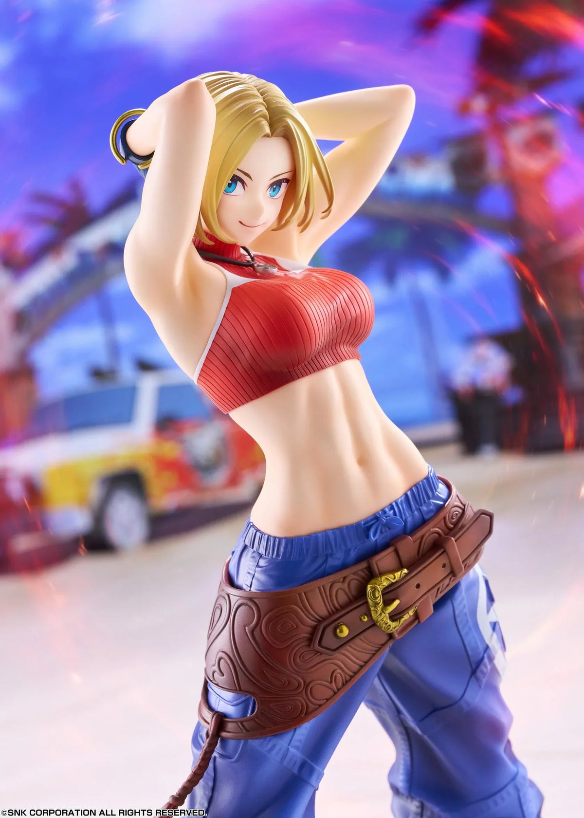 Blue Mary Limited Edition 1/7 scale figure wearing a red crop top, blue pants, brown belt, and white sneakers in a confident standing pose.