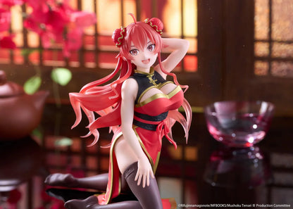 Mushoku Tensei Jobless Reincarnation Desktop Cute Eris Boreas Greyrat Chinese Dress Ver. Figure featuring long flowing red hair, red eyes, decorative twin buns, a red and black Chinese-inspired dress with gold accents, and dark thigh-high stockings in a playful kneeling pose.