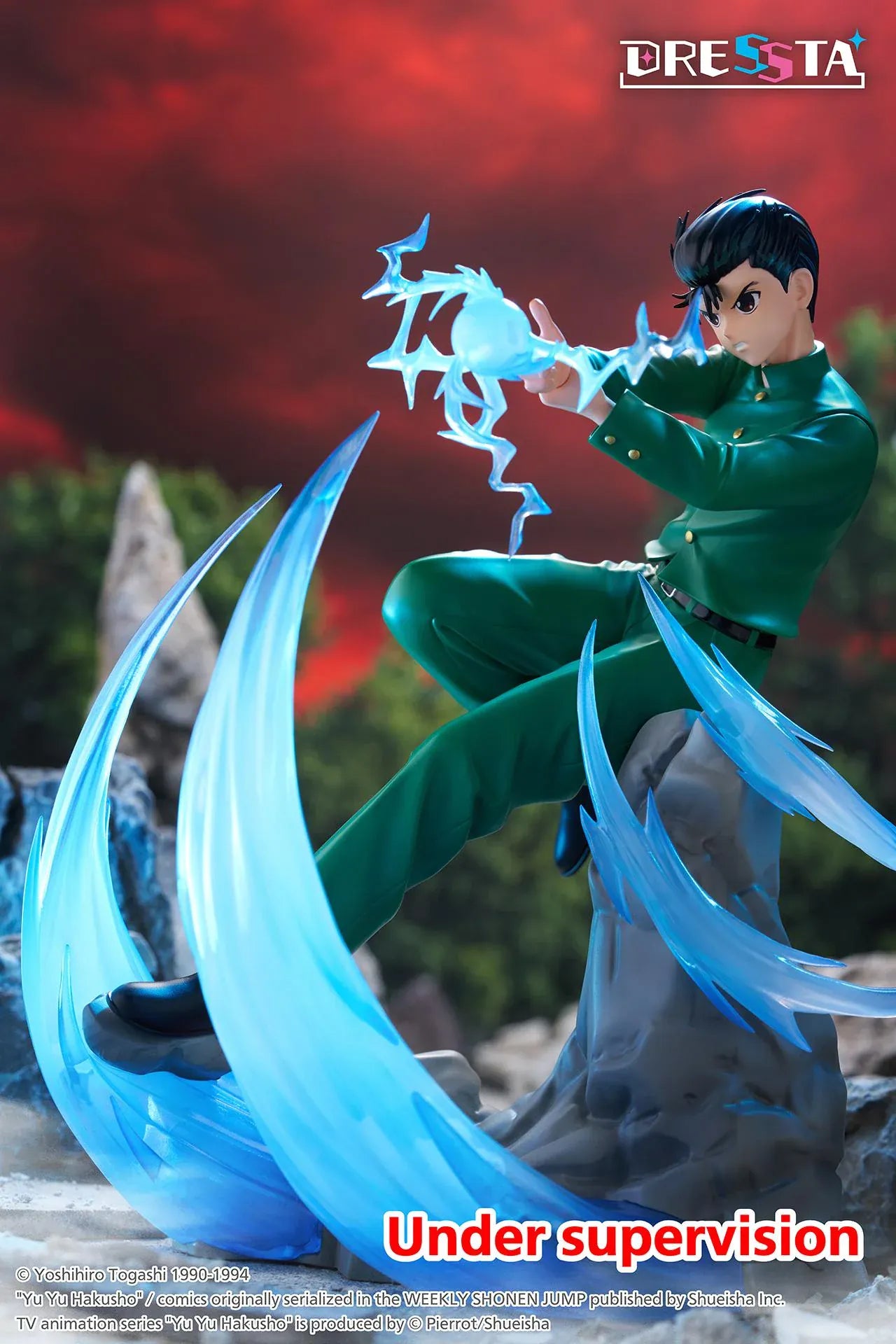 Yu Yu Hakusho Dressta Yusuke Urameshi Figure in green school uniform with blue spirit energy effect and rocky display base