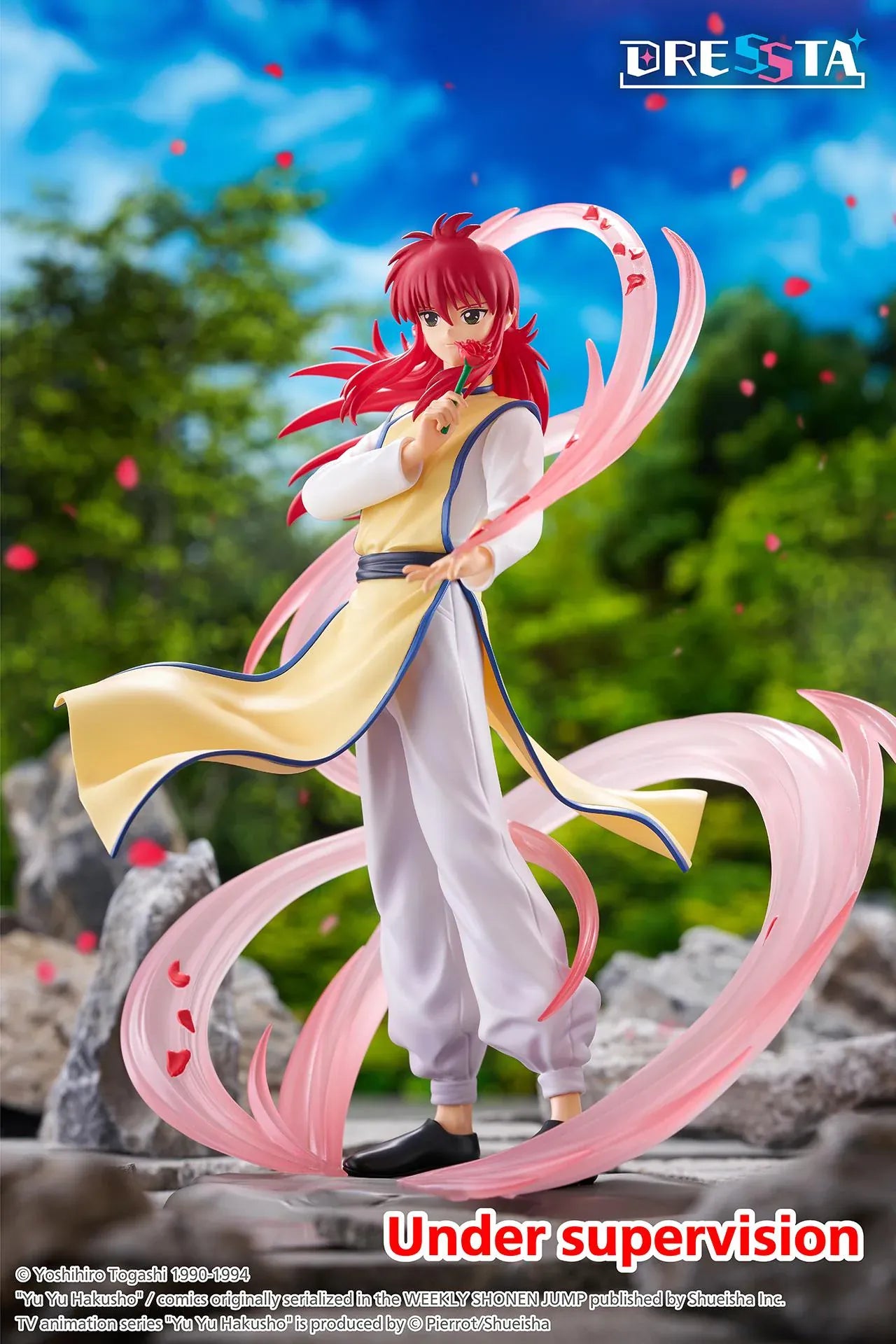 Yu Yu Hakusho Dressta Kurama Figure with red hair, yellow outfit, rose accessory, pink energy effects, and display base