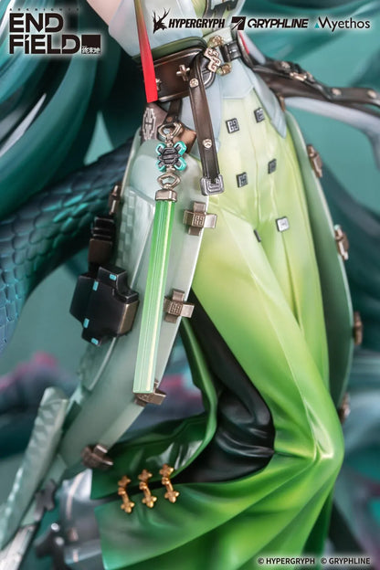 Arknights Endfield Zhuang Fangyi 1/7 scale figure with teal hair and a green outfit, surrounded by a curling dragon and translucent turquoise blades.