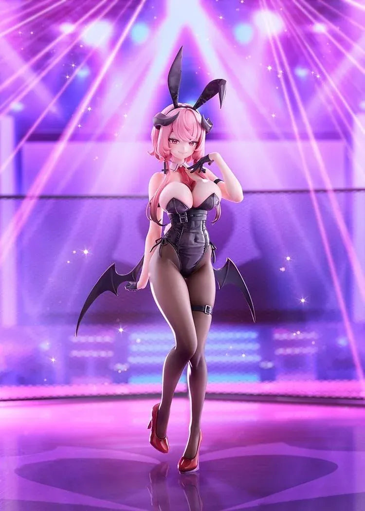 Stella Sora Bernina Bunny Ver. 1/7 Scale Figure featuring a pink-haired anime girl with reddish-pink eyes wearing a black corset-style bunny outfit, tall bunny ears, sheer tights, red heels, and bat-like wings on a purple display base.