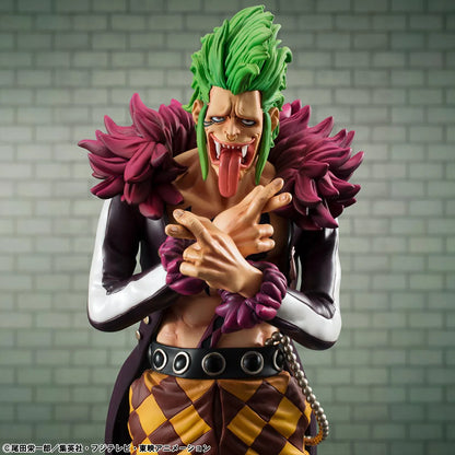One Piece Portrait Of Pirates Limited Edition Bartolomeo the Cannibal figure with green hair, black coat, and checkered pants