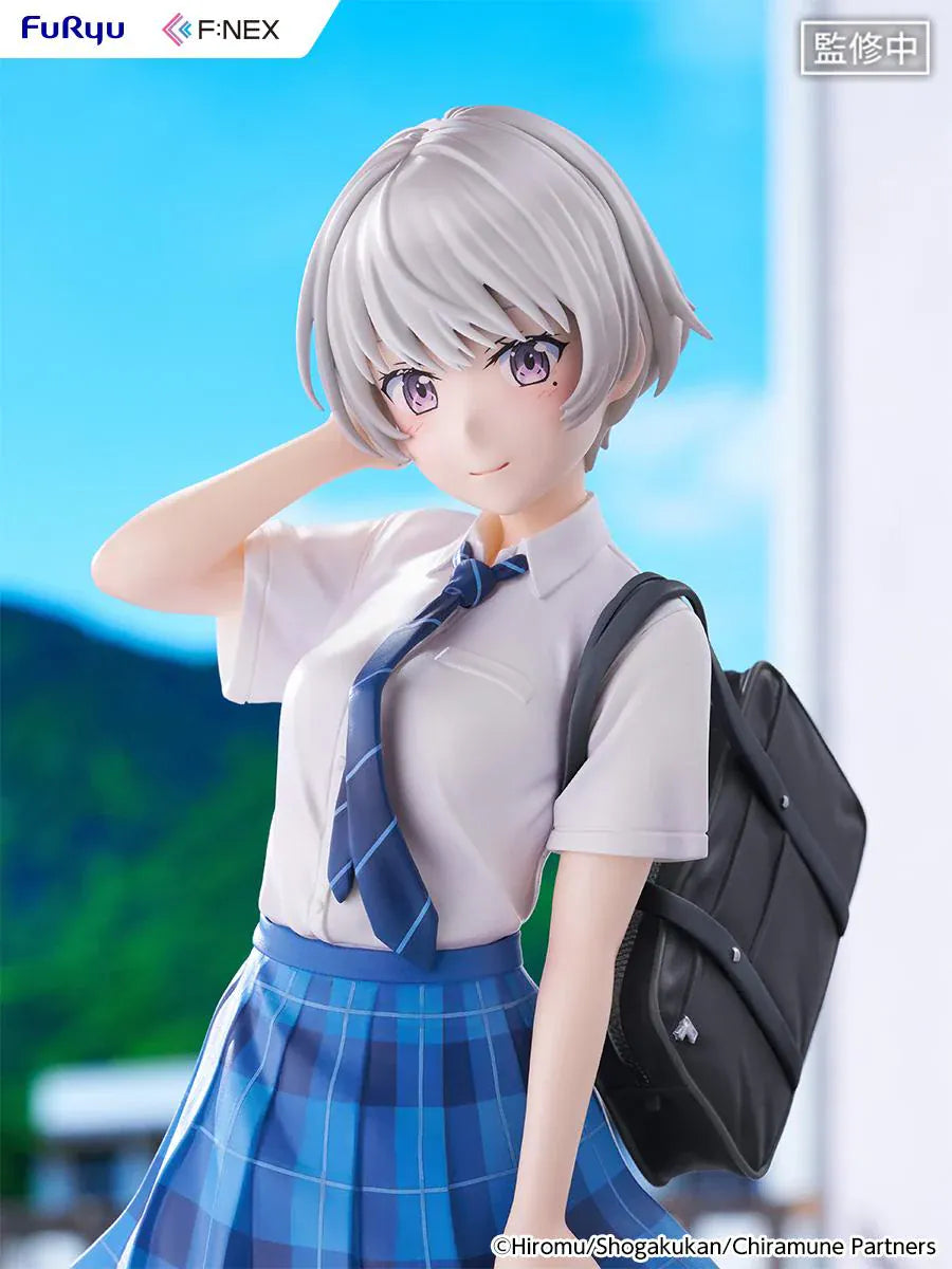 Chitose Is in the Ramune Bottle Asuka Nishino 1/7 Scale Figure with short silver hair, blue plaid skirt, school uniform outfit, backpack, drink bottle accessory, and display base