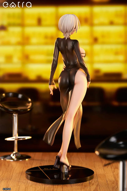 Extra Lilith 1/6 scale figure by DISH, a silver-haired dark-elf woman in a sleek black outfit with translucent skirt standing on a glossy round base.
