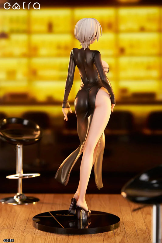 Extra Lilith 1/6 scale figure by DISH, a silver-haired dark-elf woman in a sleek black outfit with translucent skirt standing on a glossy round base.