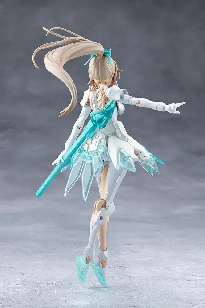 Megalomaria Unlimited Universe Emulator model kit wearing white armor with translucent teal parts and wielding teal weapons.
