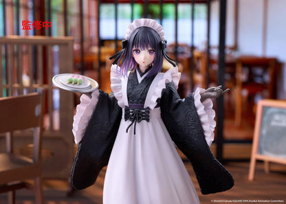 My Dress-Up Darling AMP+ Marin Kitagawa Shizuku Kuroe at the School Festival Ver. Figure featuring dark purple hair, violet eyes, a black and white maid outfit with long kimono-style sleeves, a white apron, and a serving tray of colorful sweets on a wooden display base.