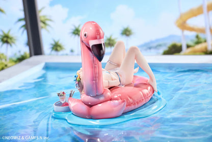 Brown Dust 2 Hot Summer Dream Justia 1/7 Scale Figure relaxing on a pink flamingo float with a water-themed display base