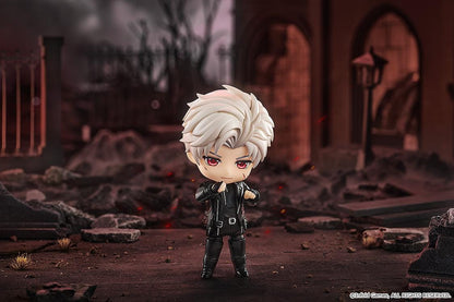 Love and Deepspace Nendoroid Sylus Figure with silver hair, red eyes, and black outfit