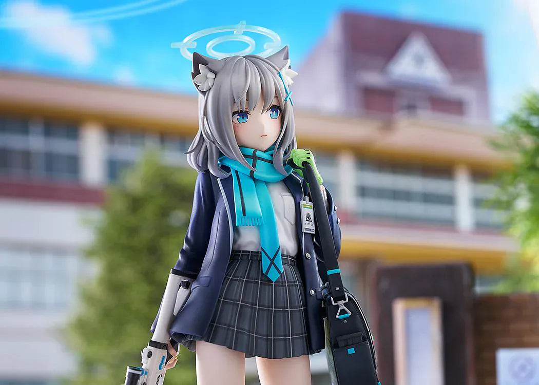 Blue Archive Shiroko 1/7 Scale Figure with silver-gray hair, wolf ears, blue halo, scarf, shoulder bag, and weapon accessory