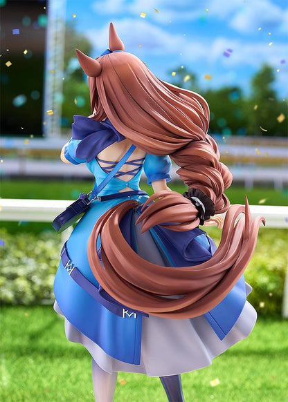 Umamusume Cinderella Gray Super Creek figure with flowing brown hair, a blue and white outfit, shoulder bag, and tall boots, posed with a hand against her cheek.