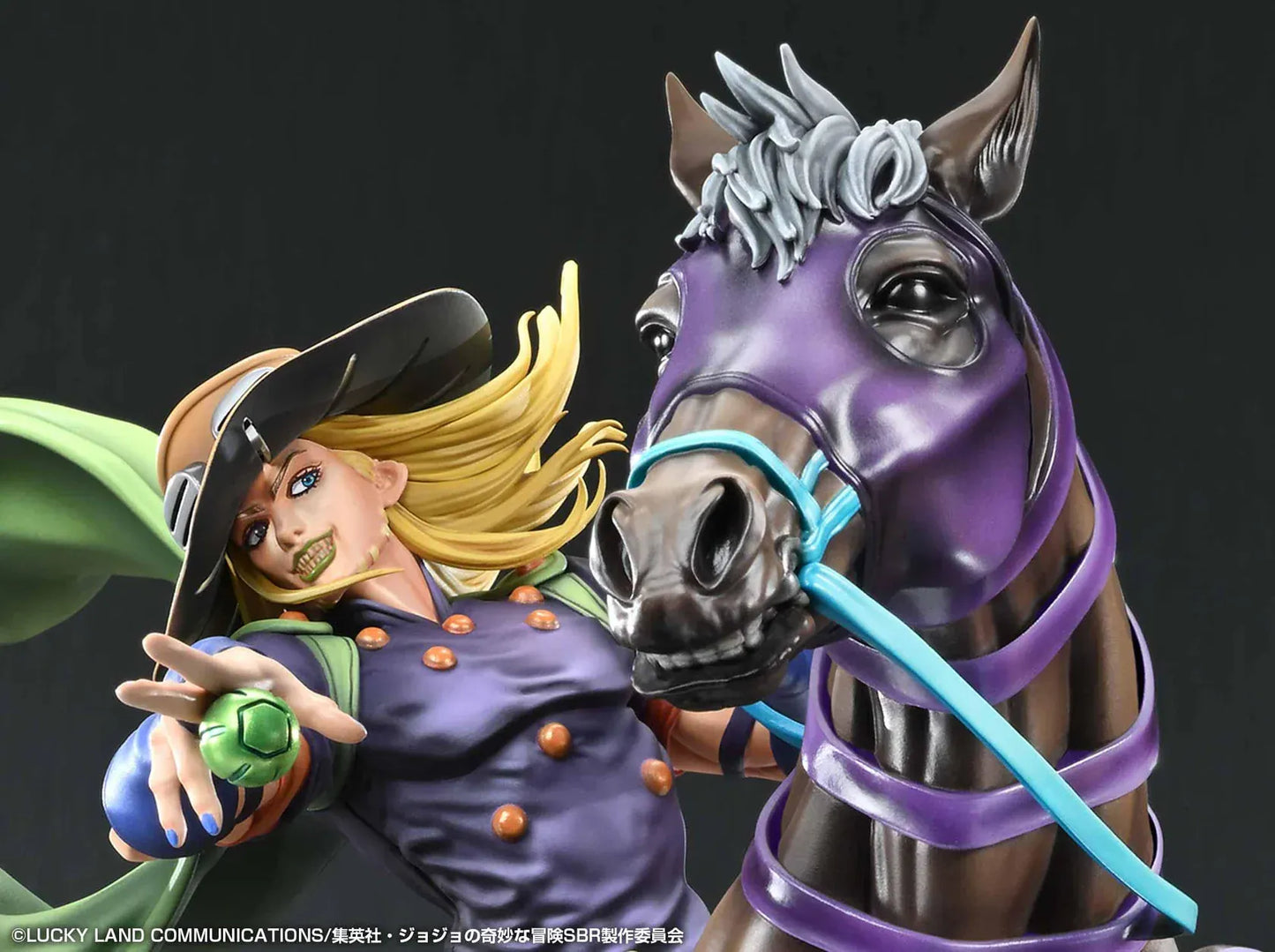 STEEL BALL RUN JoJo's Bizarre Adventure Gyro Zeppeli and Valkyrie figure featuring Gyro riding Valkyrie in a dynamic action pose with rocky effect base