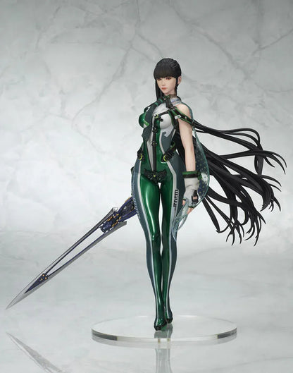 Stellar Blade Eve non-scale figure in a futuristic green and gray combat suit holding a long sword with flowing black hair