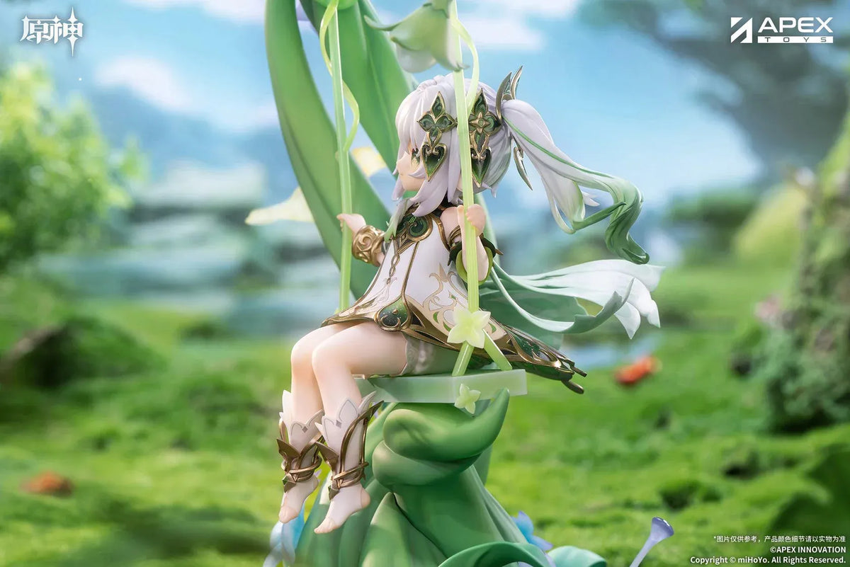Genshin Impact Nahida Physic of Purity Ver. 1/7 scale figure seated on a green swing surrounded by vines, leaves, and colorful flowers.