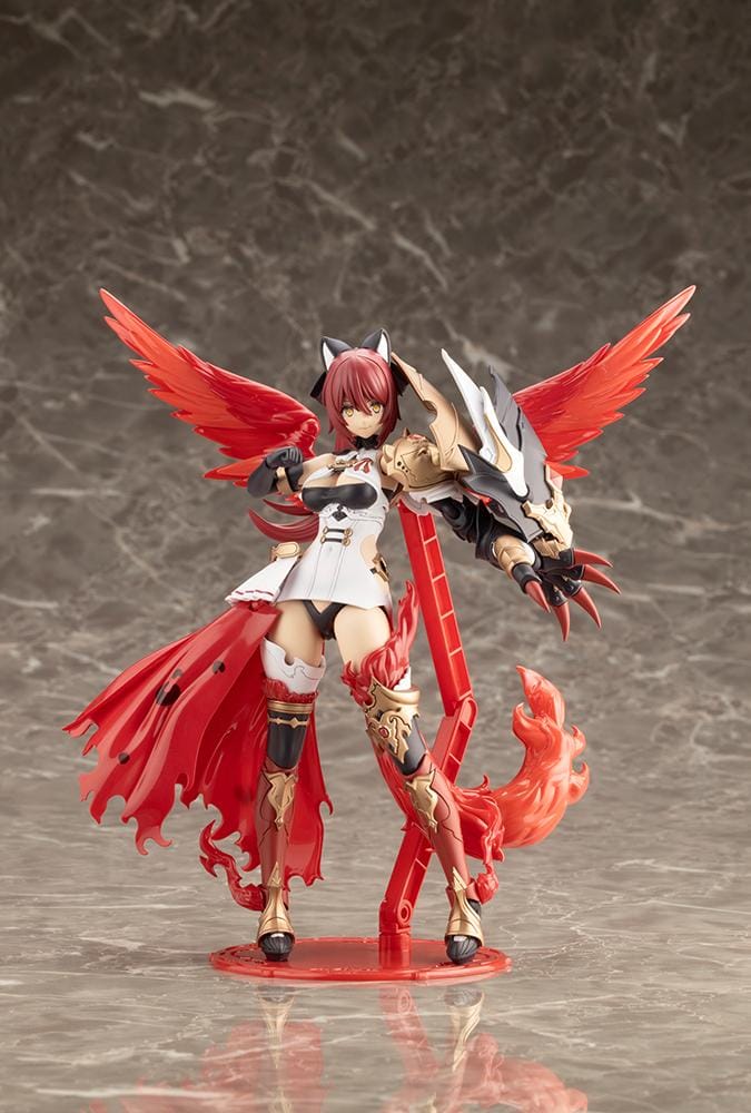 Assembled Arcanadea Charmed model kit with red hair, animal ears, a white and black outfit, gold armor accents, and a sweeping flame-like red tail.