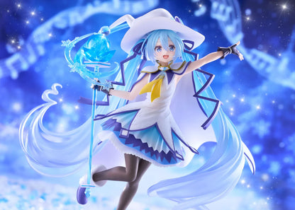 Snow Miku All Stars 2014 Ver. AMP+ figure wearing a white-and-blue snow sorceress outfit and holding a translucent magical staff.
