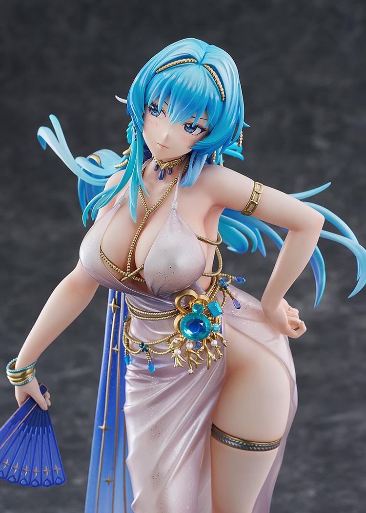 Goddess of Victory: Nikke Helm Chandelier 1/7 scale figure in shimmering pale dress with blue hair, gold accessories, and fan on ship-like base