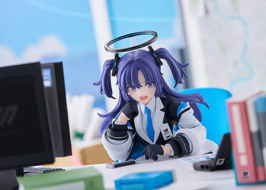 Blue Archive figma Yuuka Hayase Figure Rerelease featuring Yuuka with purple twin tails, academy-style outfit, halo detail, and tactical weapon accessories.