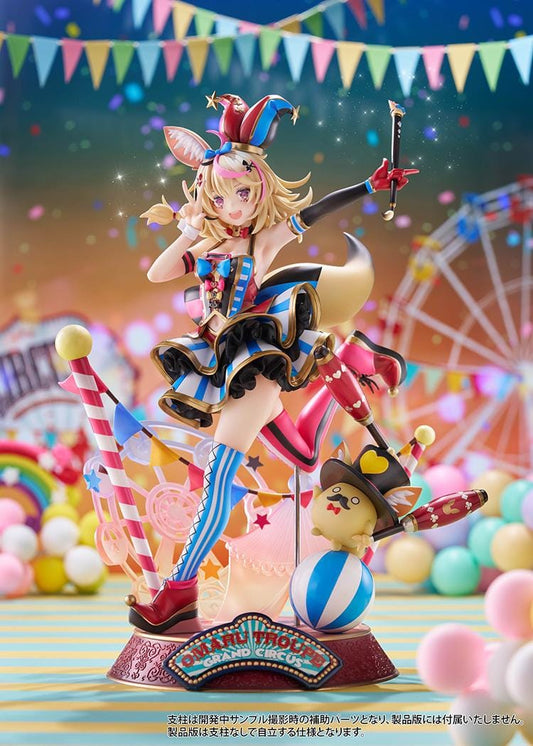 hololive production Omaru Polka 1/7 Scale Figure with jester outfit, fox ears, baton, colorful circus base, and dynamic pose