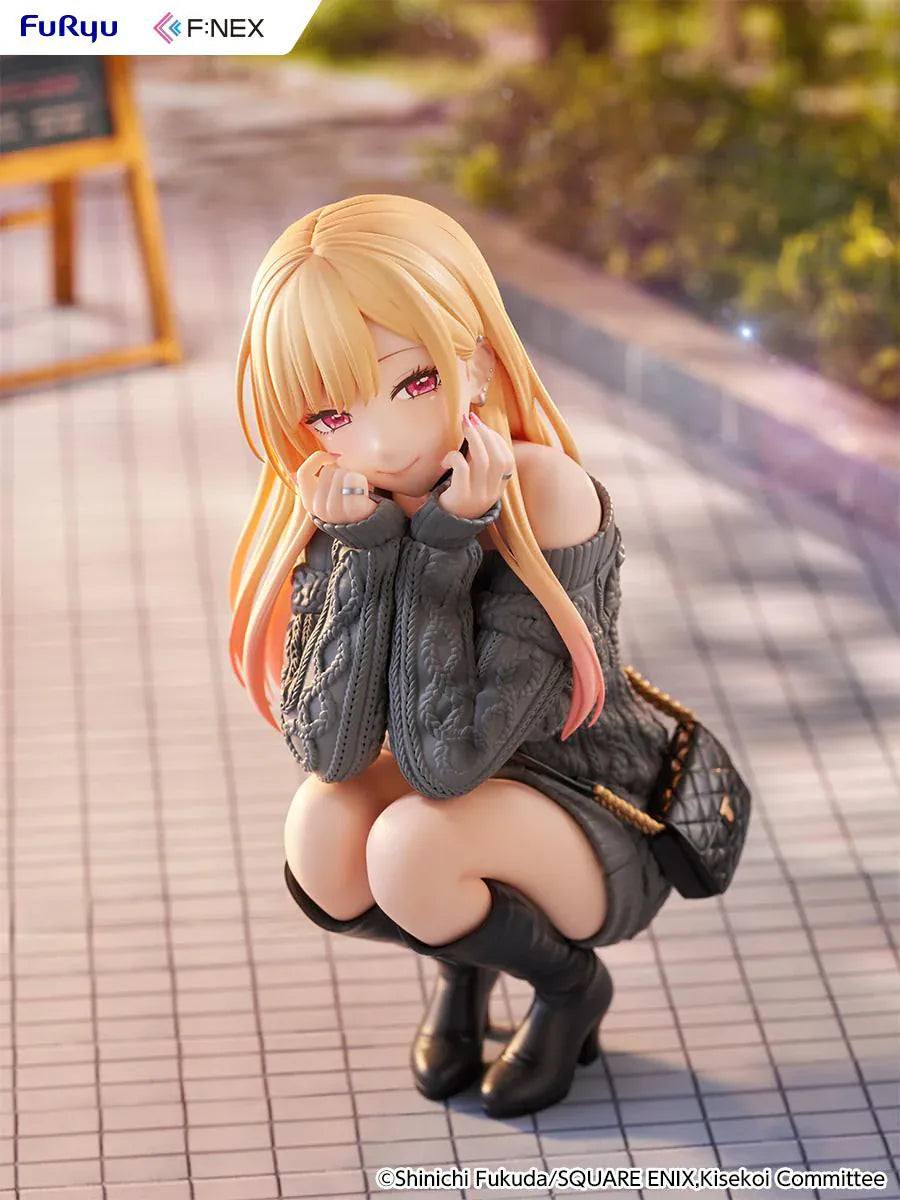 My Dress-Up Darling Kitagawa Marin knit ver. 1/6 Scale Figure featuring Marin with long blonde hair, gray oversized sweater, black boots, quilted bag, and crouching pose.