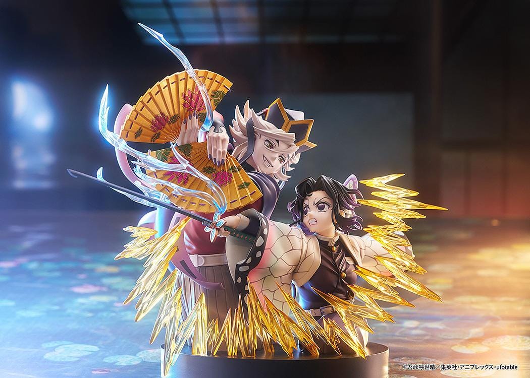 Demon Slayer Kimetsu no Yaiba Shinobu Kocho and Doma Non-Scale Figure with battle pose, translucent attack effects, fan accessory, and display base