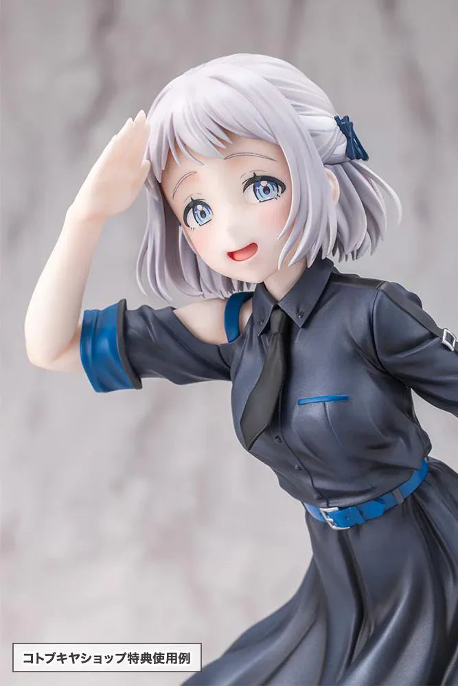 The Idolmaster Gakuen Lilja Katsuragi Hakusen DX Ver. 1/7 Scale Figure featuring Lilja with short silver hair, black dress with blue accents, boots, and themed display base.