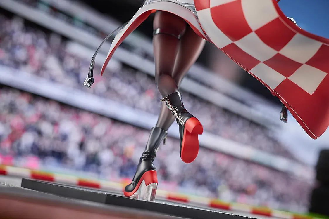 STEINS;GATE Kurisu Makise Racing Ver. 1/7 scale figure with flowing red hair, a white racing jacket, and a red flag on a road-style base.