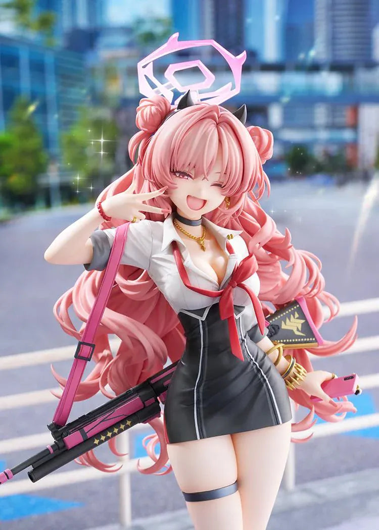 Blue Archive Kirara 1/7 scale figure with long pink hair, school uniform, pink and black weapon, halo, and translucent pink display base
