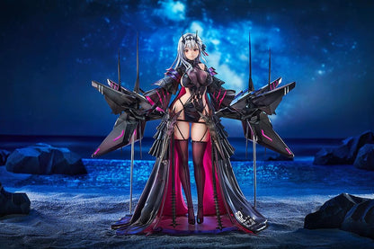 1/7 scale figure of Modernia from Goddess of Victory: Nikke in her Second Affection outfit, wearing a black coat with crimson lining and large mechanical wing units extending from her sides.