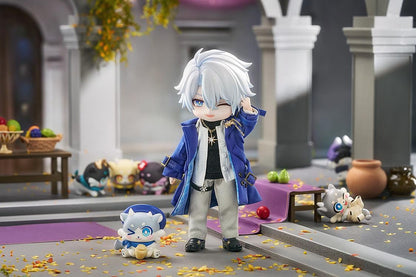 Honkai Star Rail Nendoroid Doll Phainon Express Travel Ver. featuring Phainon with silver-blue hair, blue coat, fabric-style outfit, gold accessories, and wink expression.