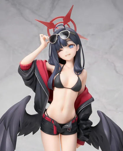 Blue Archive Ichika Swimsuit 1/7 scale figure wearing a black swimsuit, sporty jacket, sunglasses, and large black wings.