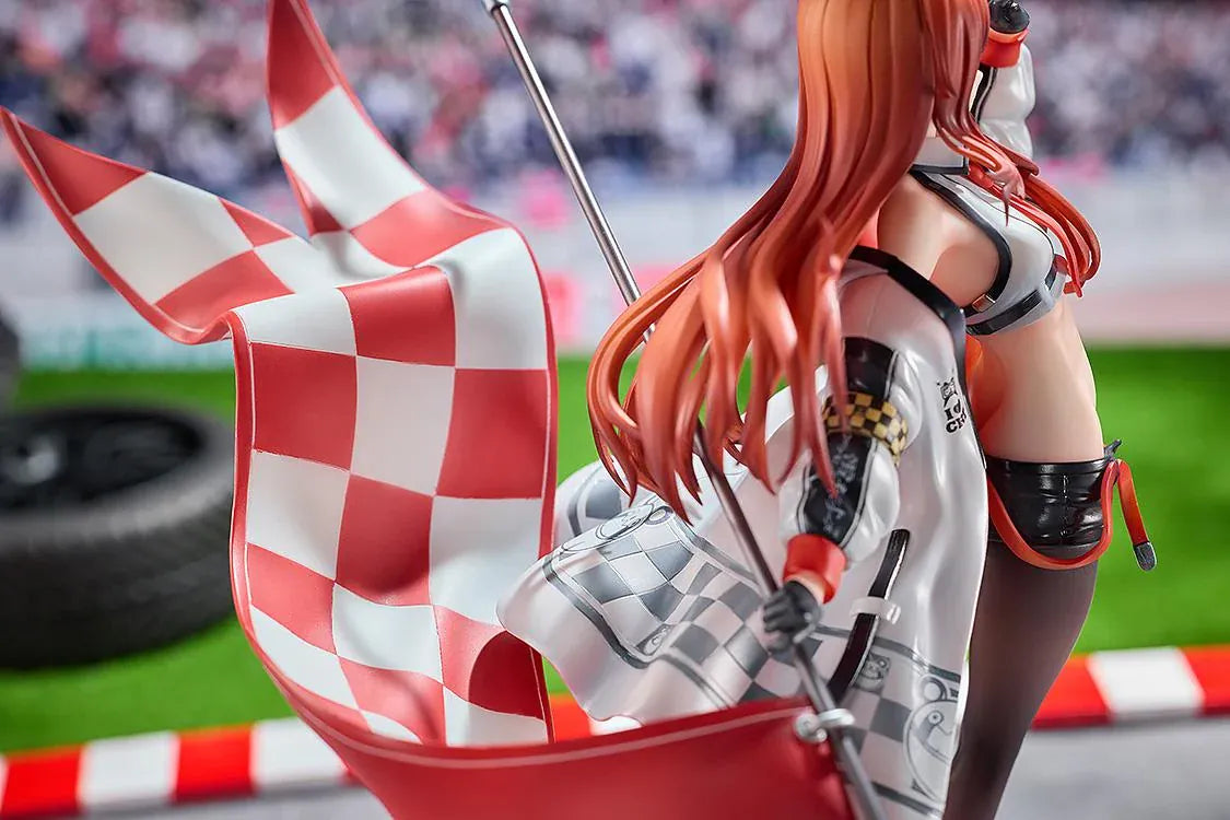 STEINS;GATE Kurisu Makise Racing Ver. set featuring a 1/7 scale figure on a road-inspired base and a matching seated plushie, both with red flags.
