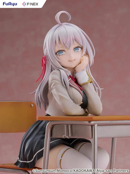 Alya Sometimes Hides Her Feelings in Russian Alya 1/7 Scale Figure by FuRyu F:NEX featuring Alya sitting at a school desk with silver hair and red ribbons