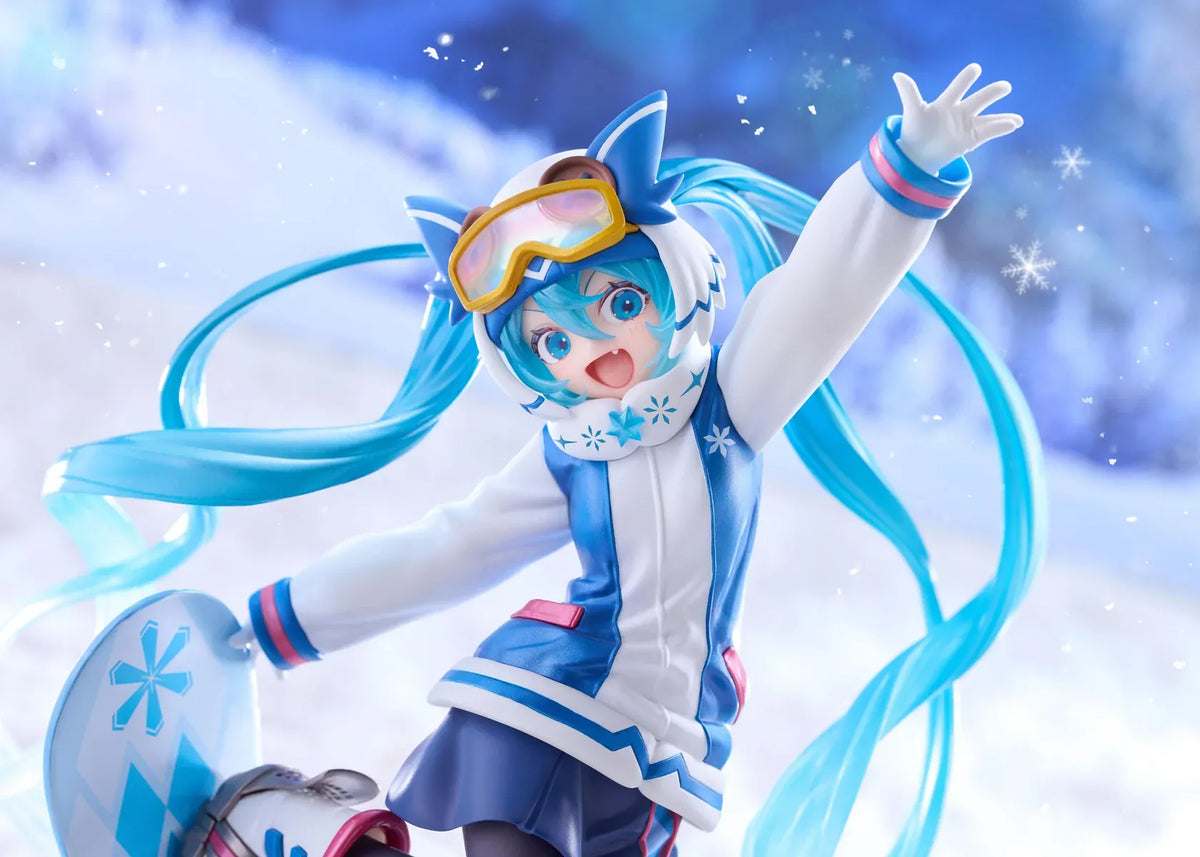 Snow Miku AMP+ All Stars 2016 Ver. figure posing on a blue patterned snowboard with goggles, flowing turquoise twin tails, and a snow effect base.