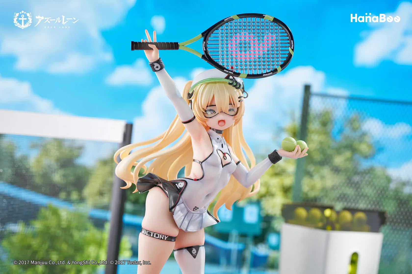 Azur Lane Bache Showy Sports Star Deluxe Ver. 1/6 Scale Figure featuring Bache in a tennis-inspired outfit with racket, tennis balls, display base, bonus artwork, and character can badge.
