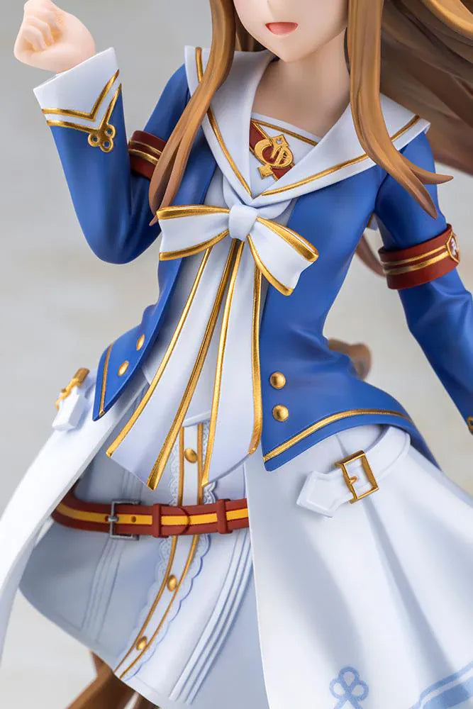 UmaMusume Pretty Derby Grass Wonder 1/7 Scale Figure with brown hair, horse ears, blue-and-white outfit, and grass display base