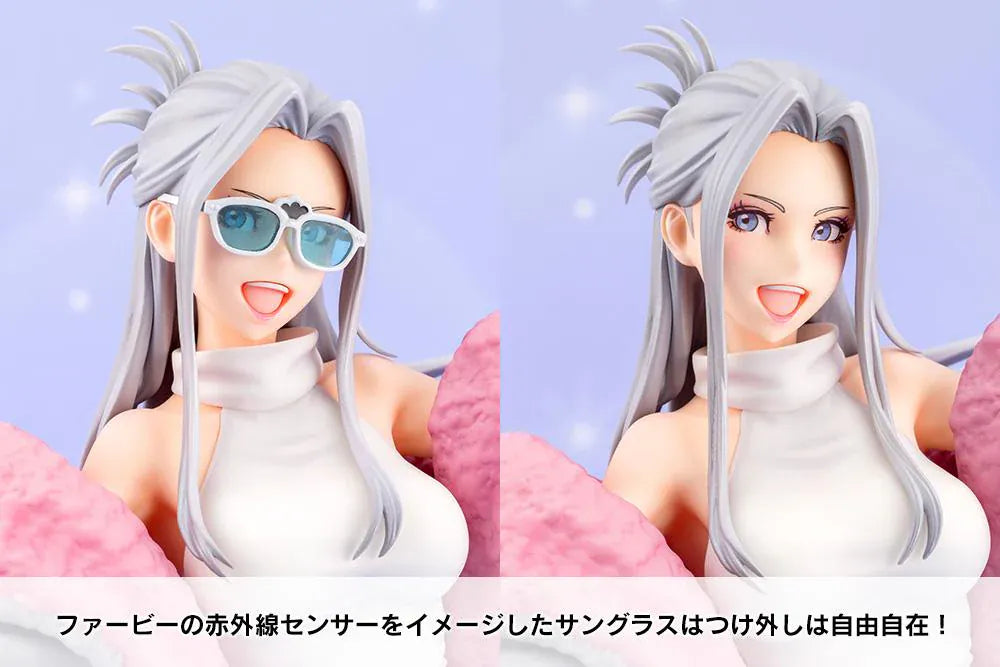 Furby Bishoujo Figure with fashionable character in sunglasses, fuzzy jacket, yellow boots, Furby companion, and glittery display base