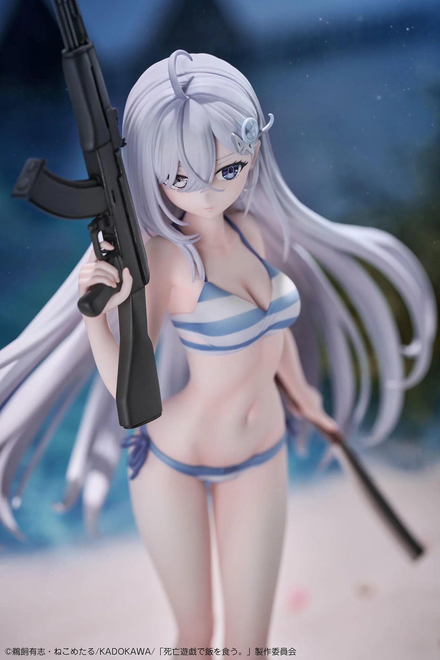 Playing Death Games to Put Food on the Table Yuki 1/7 Scale Figure with long silver hair, blue-and-white outfit, rifle, blade accessory, and display base