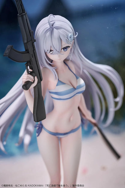 Playing Death Games to Put Food on the Table Yuki 1/7 Scale Figure with long silver hair, blue-and-white outfit, rifle, blade accessory, and display base