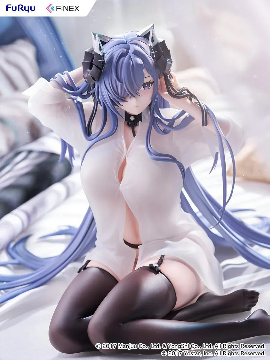 Azur Lane August von Parseval The Unhulde's Midday Respite 1/6 Scale Figure seated in white shirt with long blue hair and dark thigh-high stockings
