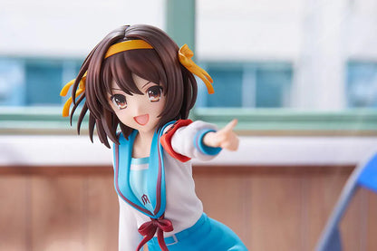 Haruhi Suzumiya 20th Anniversary 1/7 scale figure sitting on desk in school uniform