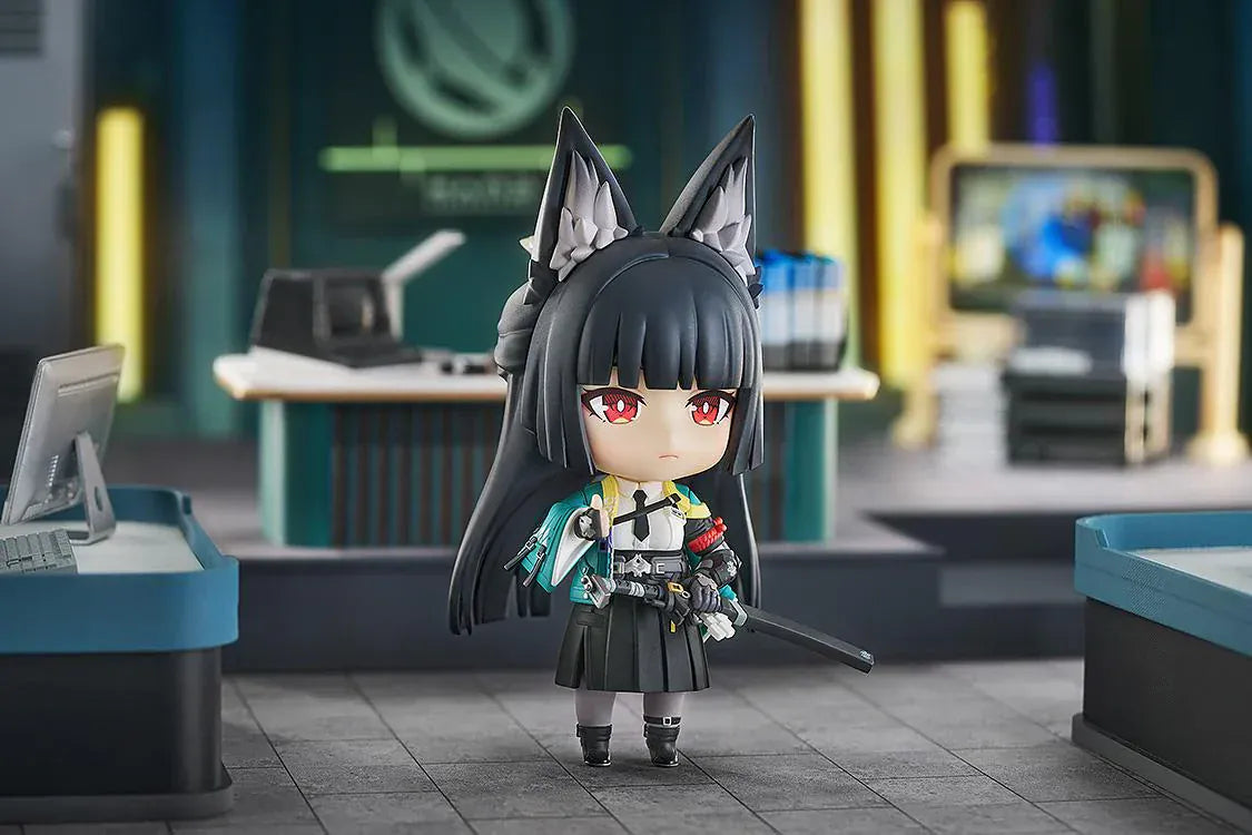 Nendoroid Miyabi Hoshimi with fox ears, black hair, katana, and blue spirit effect part.