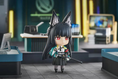 Nendoroid Miyabi Hoshimi with fox ears, black hair, katana, and blue spirit effect part.